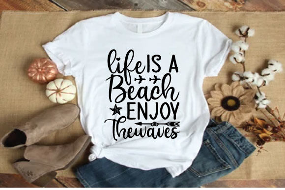 Life is a Beach Enjoy Thewaves: A Fresh T-Shirt Design for Casual Branding and Visual Content